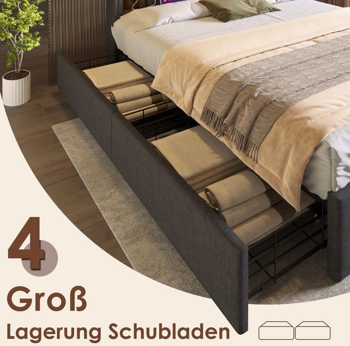 POLSTERBETT 160/200 cm mit kabellosem Laden, USB-C und 4 Schubladen, Grau - Grau, Textil (160/200cm) - Redom