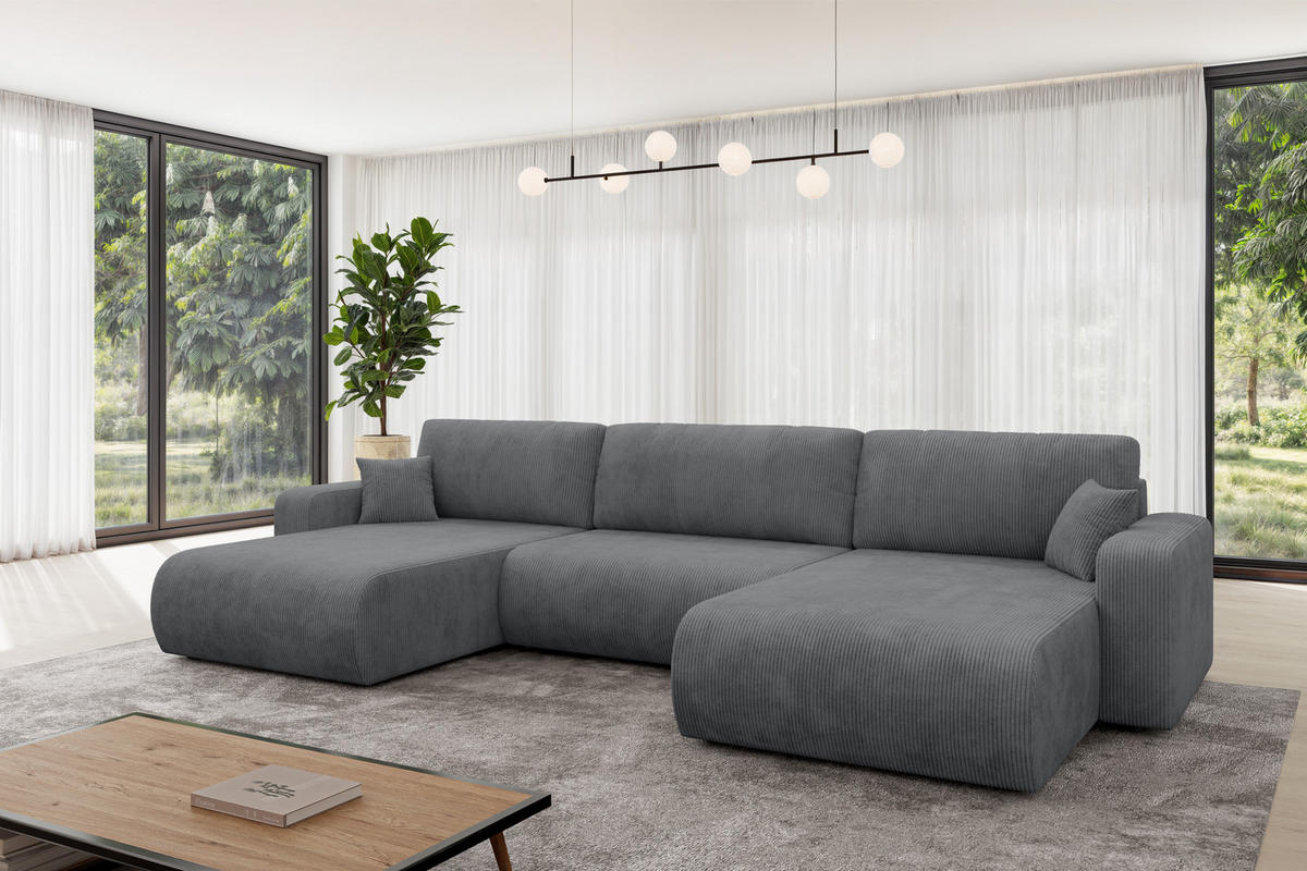 SEDACÍ SOUPRAVA DO U s funkcí spaní a úložným prostorem BERY-U 377x193x88 tmavě šedá manšestr - černá/tmavě šedá, kompozitní dřevo/textil (377/88/193cm) - ALTDECOR