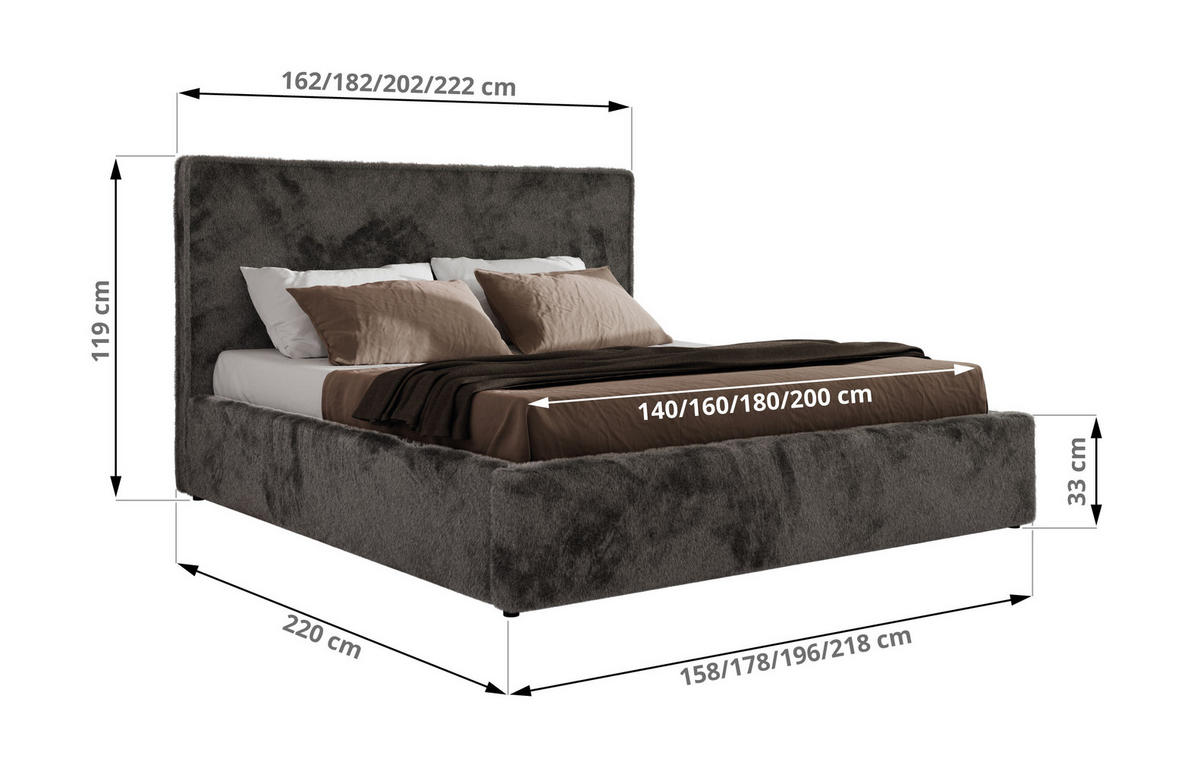 POLSTERBETT CORIVO CLASSIC 200/200 - Dunkelgrau Plüsch - ohne Matratze - Dunkelgrau, Textil (200/200cm) - MKS
