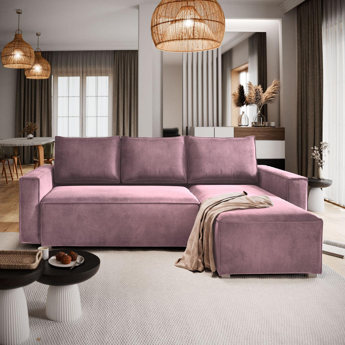 ECKSOFA SILES Lila Velours-Stoff mit Schlaffunktion - Lila, Holz (230/140cm) - MASSENO