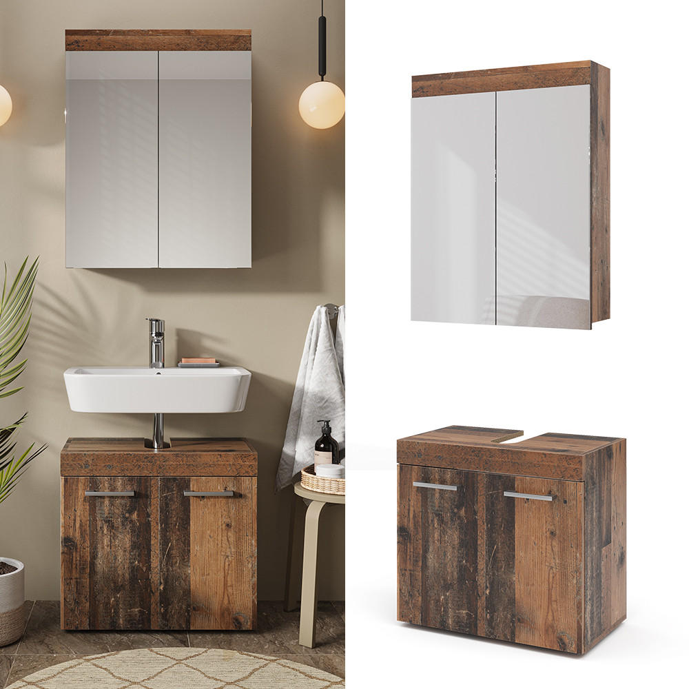 BADMÖBEL-SET Luna Oldstyle 2 Teile - Braun, Holzwerkstoff (60/56/34cm) - Vicco