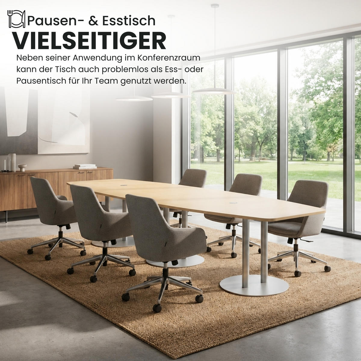 KONFERENZTISCH groß KT40 130/400/74 cm in Grau/Säule in Silberfarben - Silberfarben/Grau, Holzwerkstoff (130/400/74cm) - bümö