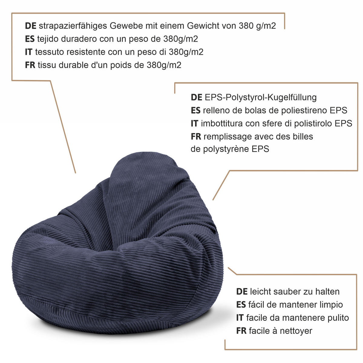 SITZSACK PARADISE MIT FUßSTÜTZE Kordsamt 2-tlg Blueberry Pie M - Dunkelblau, Textil (90/100/90cm) - Dreamroots