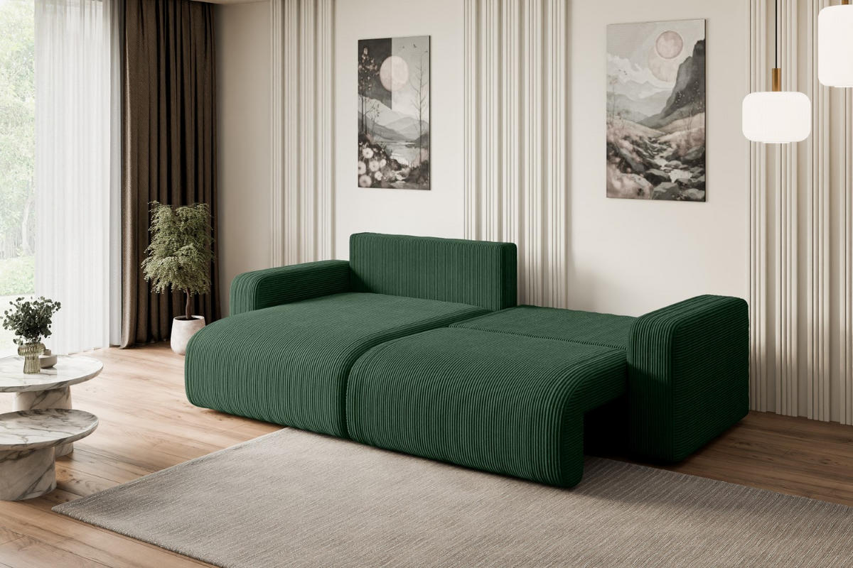 ECKSOFA mit Schlaffunktion und Bettkasten KLEEA-L - 247x143x83 cm Grün Cord - Schwarz/Grün, Holzwerkstoff/Kunststoff (247/143cm) - ALTDECOR