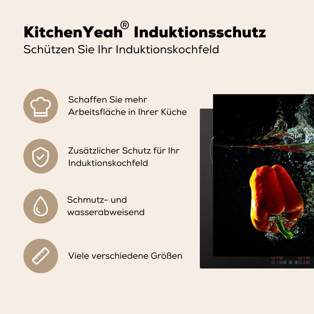 HERDABDECKPLATTE Paprika - Gemüse - Wasser - Schwarz - Rot - Grün - Gelb Ceranfeldabdeckung 76x51.5 cm - Multicolor, Kunststoff (76/51.5/0.2cm) - MuchoWow