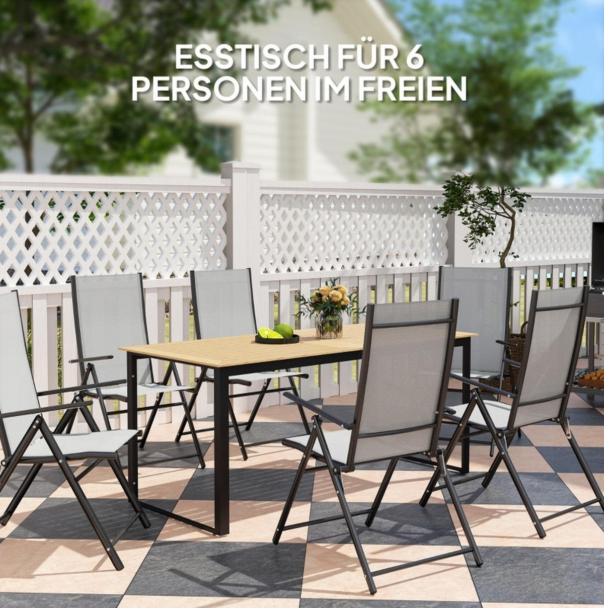 GARTENTISCH 175/78/75 cm für 6 Personen mit Holzoptik und wetterfestem Metallgestell, Teak - Naturfarben, Metall (175/78/75cm) - Redom