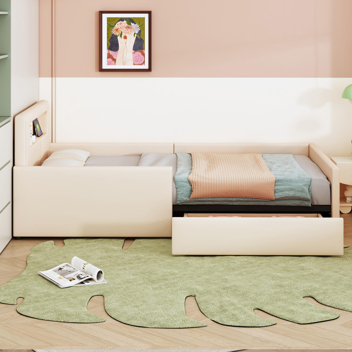 KINDERBETT 90/200 cm Beige mit LED-Beleuchtung USB-Anschluss und Stauraumschubladen - Beige, Textil (90/200cm) - OKWISH
