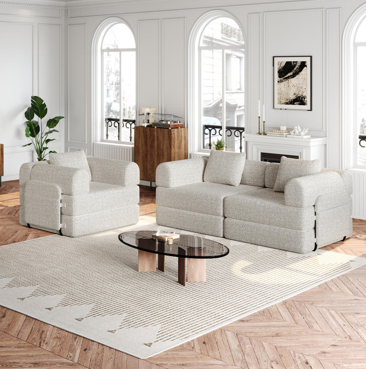 SCHLAFSOFA aus Chenille Khaki 2-in-1 mit Armlehnen-Ablagefach und Stahlrahmen - Naturfarben, Textil (94/49.5/181.6cm) - Modfu