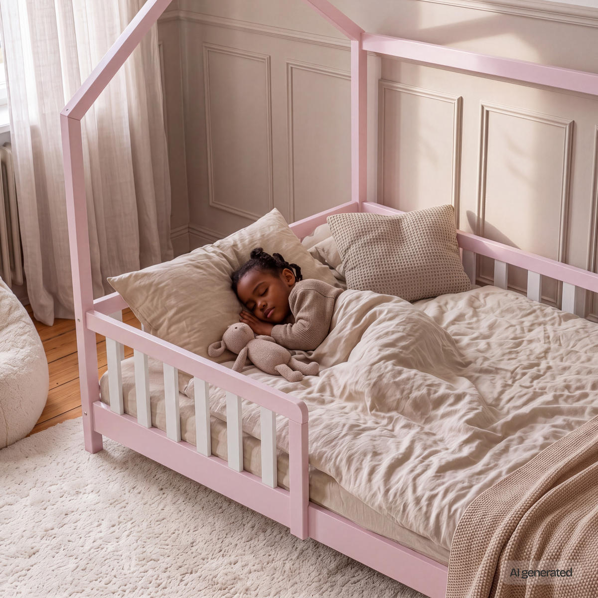HAUSBETT Hesel - Rosa/Weiß, Holz (140/200cm) - [en.casa]