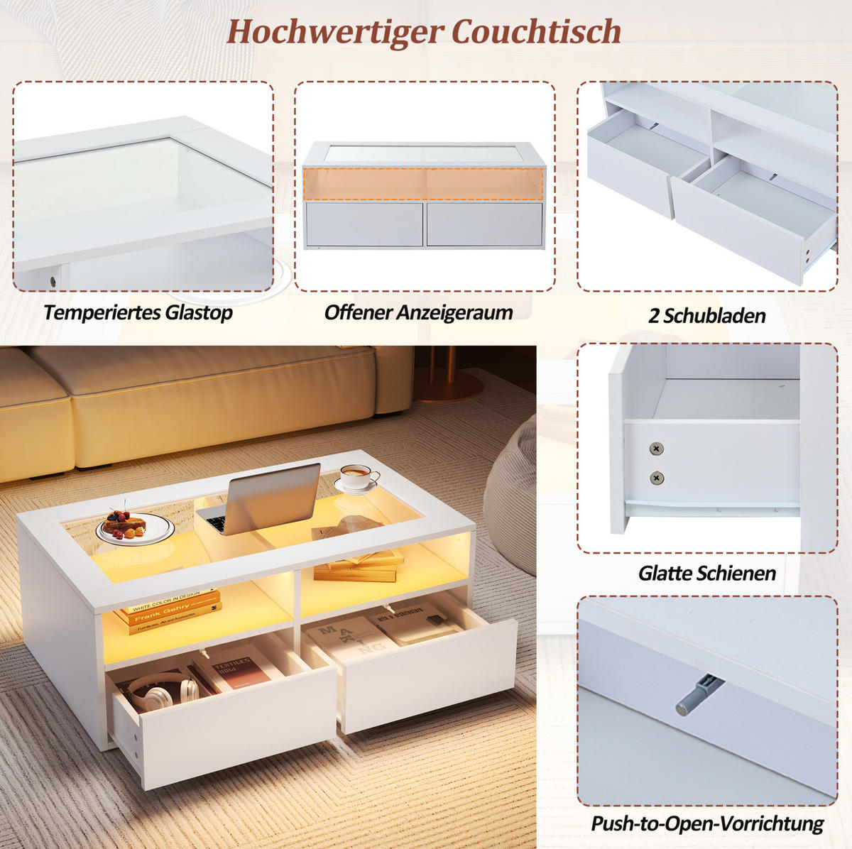 COUCHTISCH aus Glas und Spanplatte 100x50x35 cm in Weiß mit LED & 2 Schubladen - Weiß, Holzwerkstoff (100/50/35cm) - Modfu