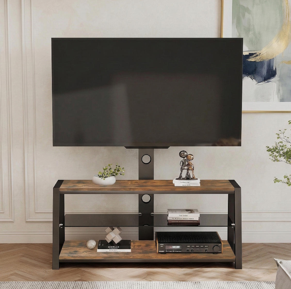 TV-STÄNDER aus MDF 116x42x125 cm Metall und Glas Braun mit höhenverstellbarer TV-Halterung - Braun, Holzwerkstoff (116/125/42cm) - IVMEU