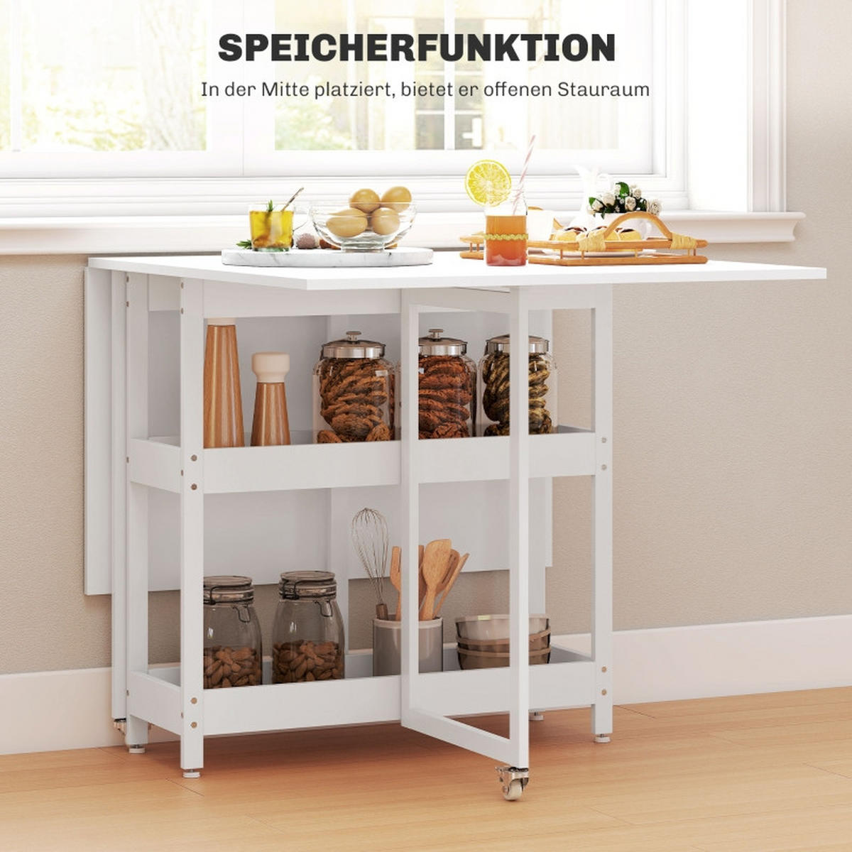 KLAPPTISCH 133,4/80/75 cm in Weiß – platzsparend mit Ablagen und Rollen - Weiß, Holz (133.4/80/75cm) - BEAOK