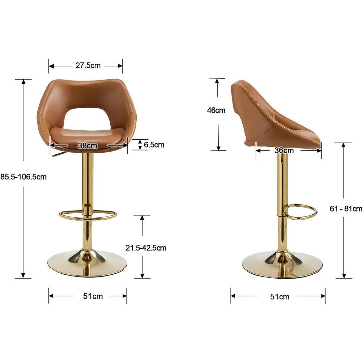 BARHOCKER 4er Set höhenverstellbar drehbar mit Rückenlehne und goldener Fußstütze, braun - Braun, Kunststoff (51/106.5/51cm)