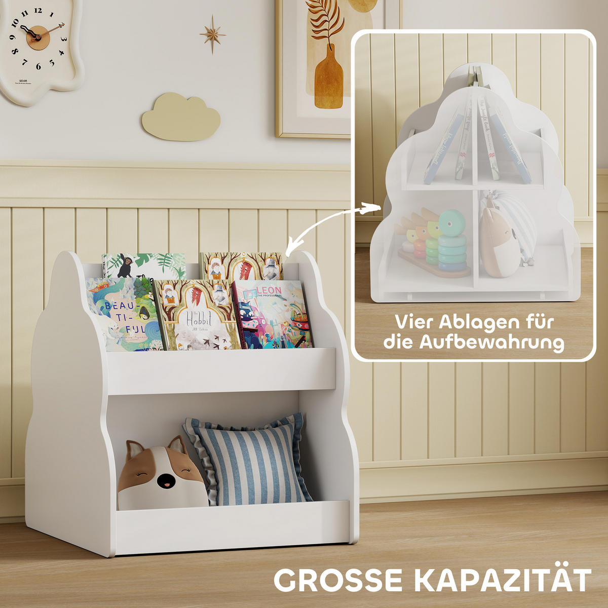 KINDER-BÜCHERREGAL mit Rädern 4 Regalen - Weiß, Holzwerkstoff (54/56/50cm) - AIYAPLAY