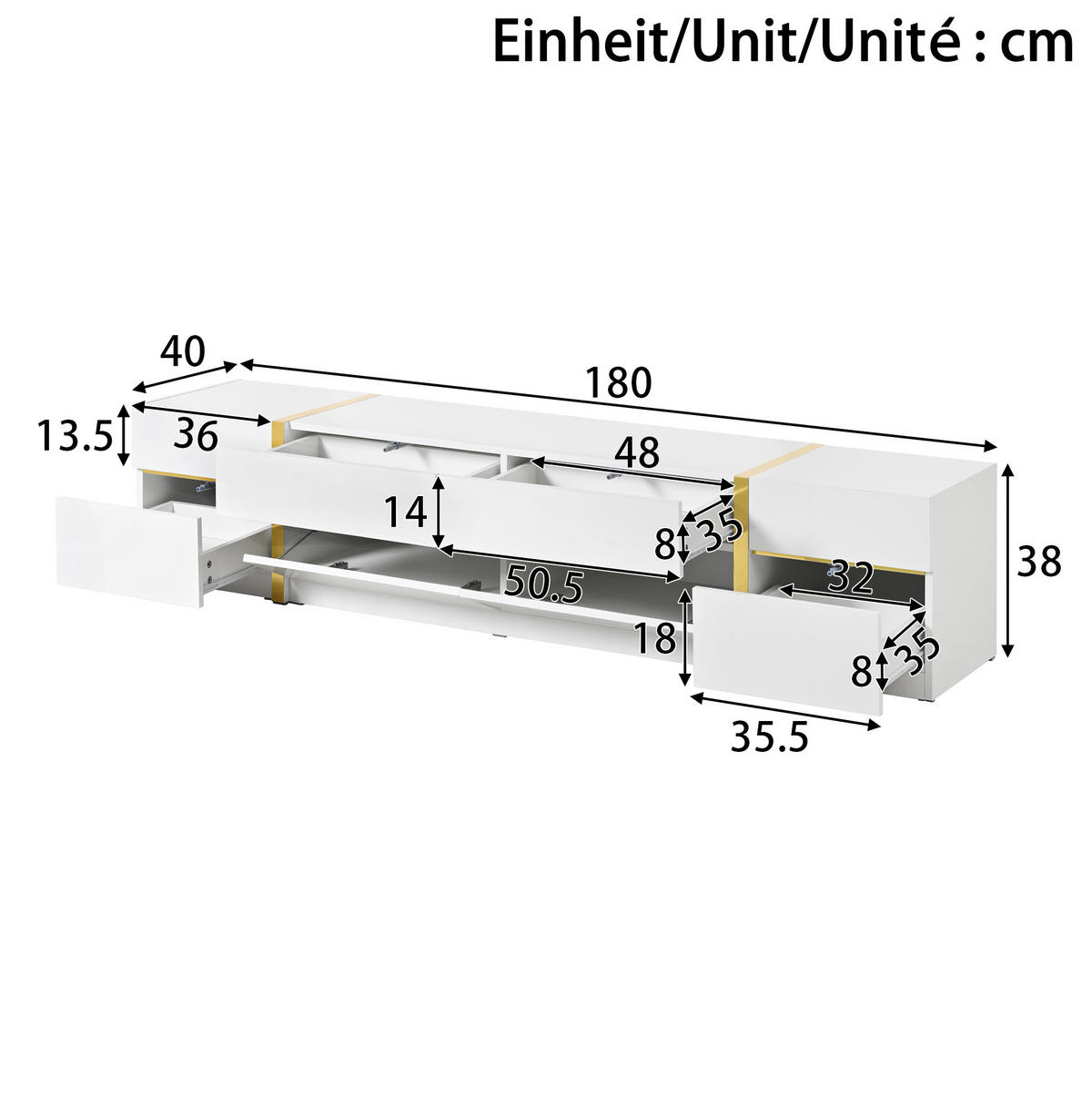 TV-SCHRANK mit 4 Schubladen und 2 Türen 180 cm MDF Weiß Hochglanz - Weiß, Holzwerkstoff (40/38/180cm) - Beauniv