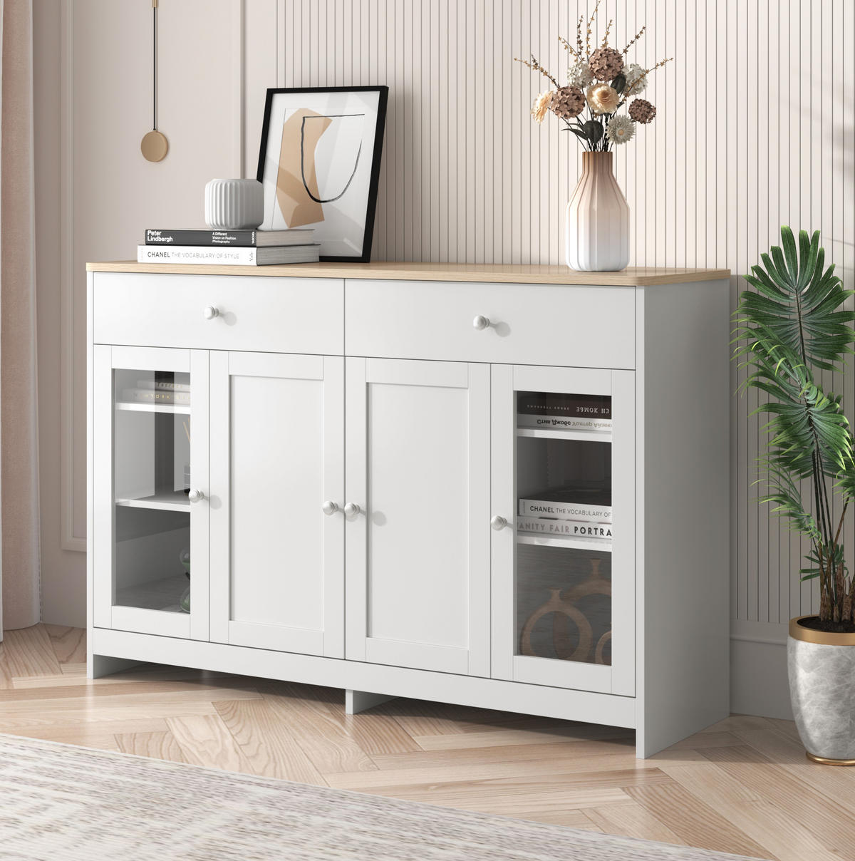 SIDEBOARD 120/37/80 cm weiß/Holzfarbe aus MDF mit Stauraum - Weiß, Holzwerkstoff (120/80/37cm) - OKWISH