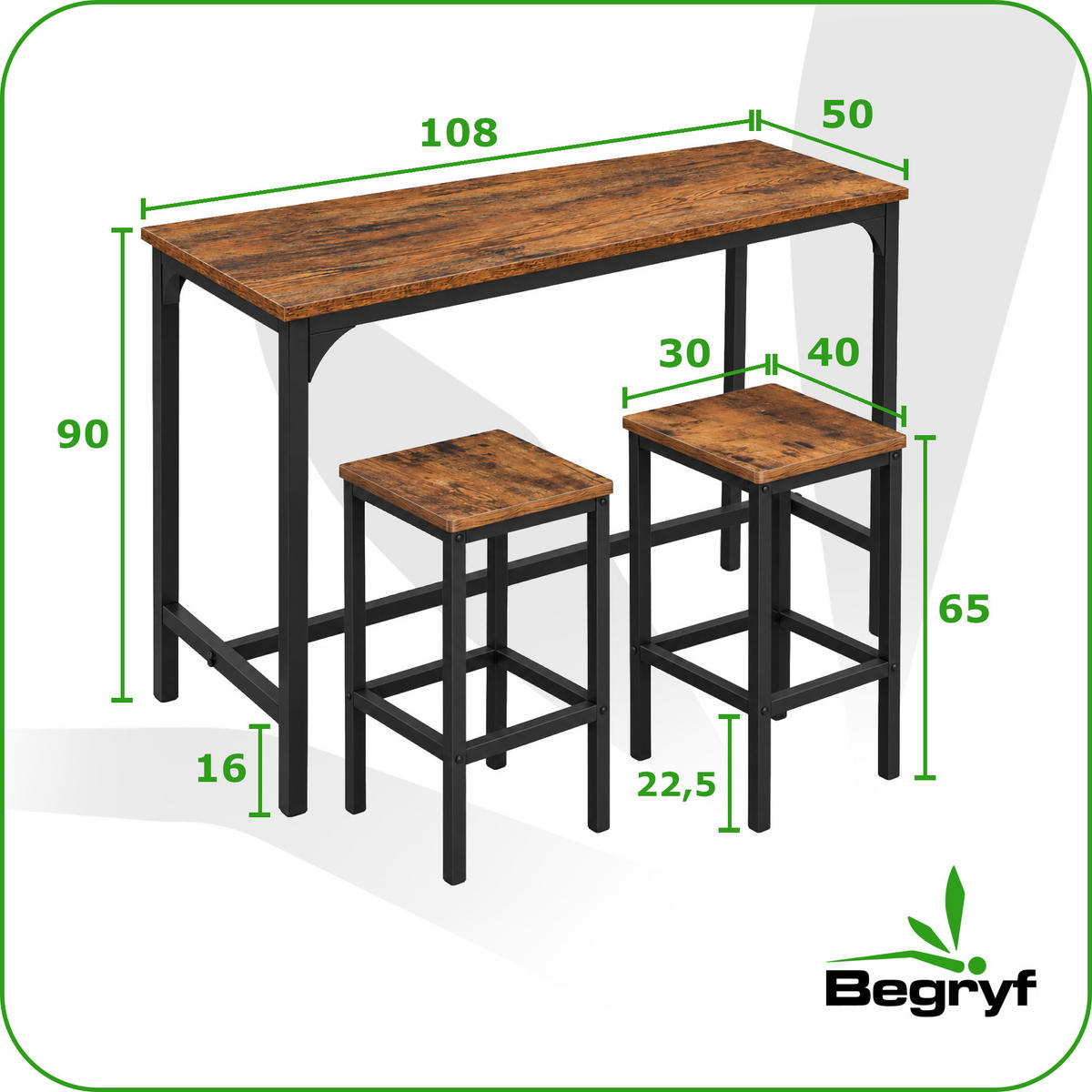 BARTISCH mit 2 Barhockern 3-teiliges Set Industrial Rustikal Braun Schwarz 108x50x90 cm - Dunkelbraun/Schwarz, Holzwerkstoff/Metall (108/90/50cm) - Begryf