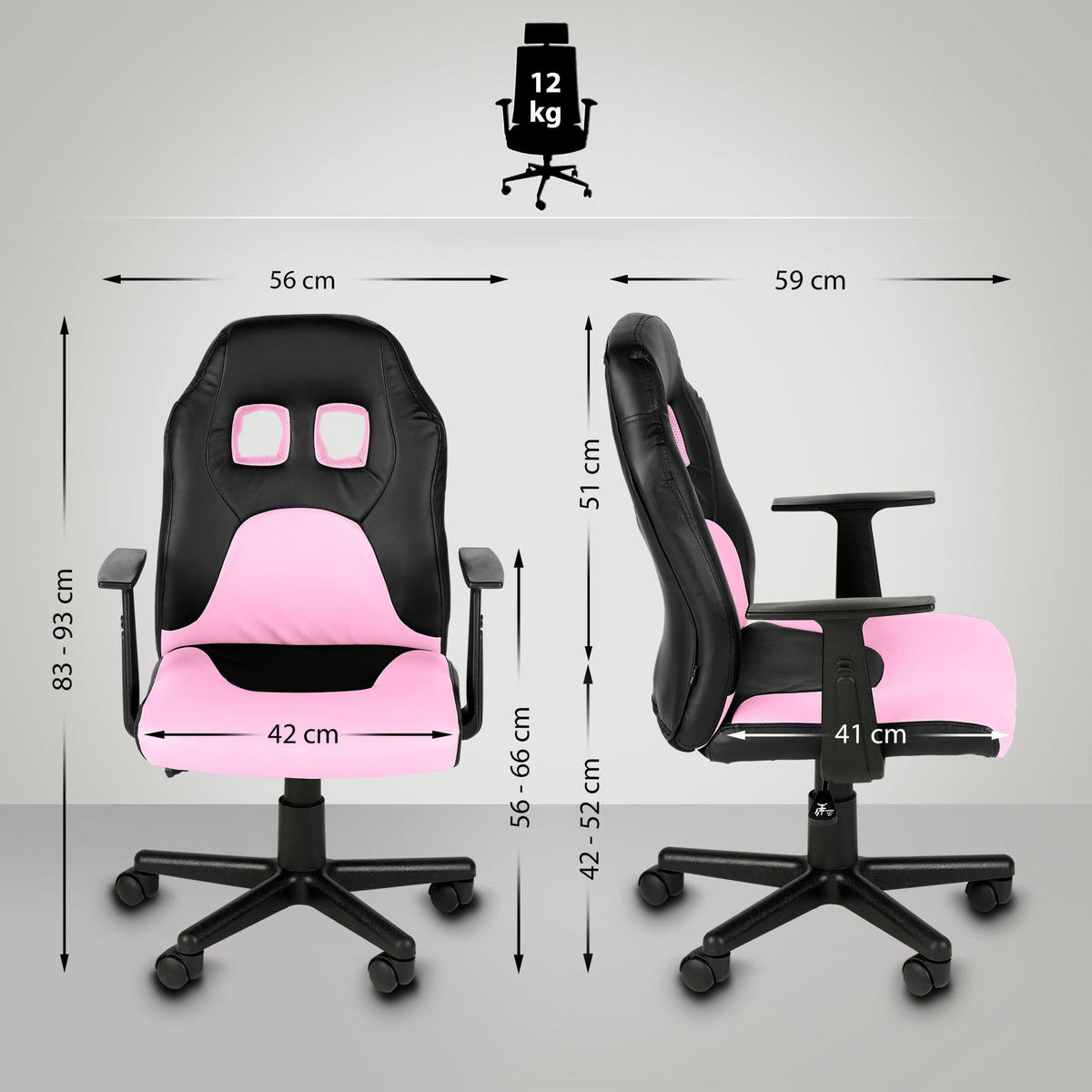 JUGENDDREHSTUHL Lederlook Schwarz/Pink - Pink/Schwarz, Kunststoff/Textil (56/83/59cm) - CLP