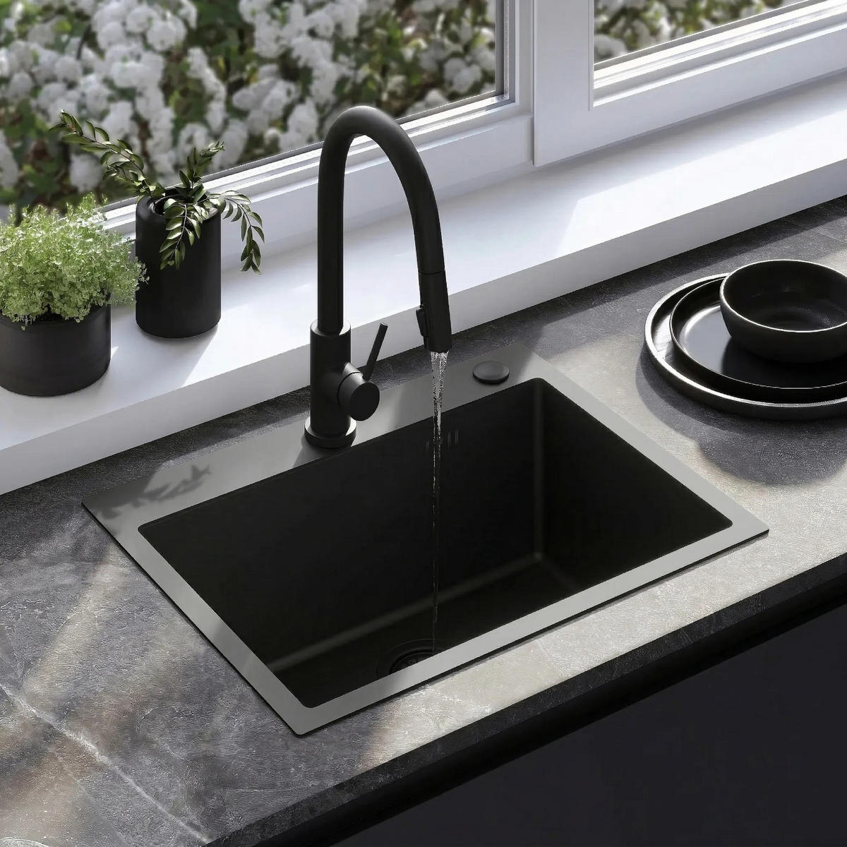 EDELSTAHLSPÜLE Rea Liam Black mit Küchenarmatur - Schwarz, Metall (45/18.5/58cm) - REA