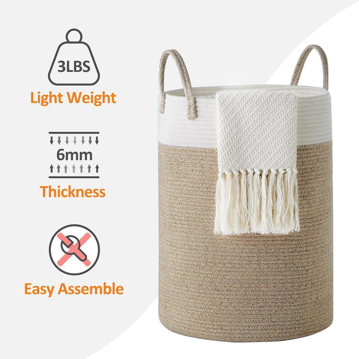 WÄSCHEKORB geflochten Baumwolle Weiß & Braun 38 cm(D)x50 cm(H) - Multicolor, Textil (38/50/38cm)