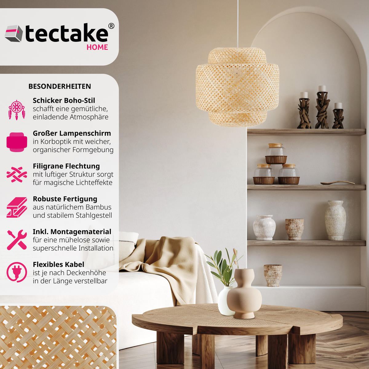 DECKENLEUCHTE Lignea Lux Aus Bambus,40 x 39 cm ,braun - Braun, Holz (40/40/39cm) - tectake