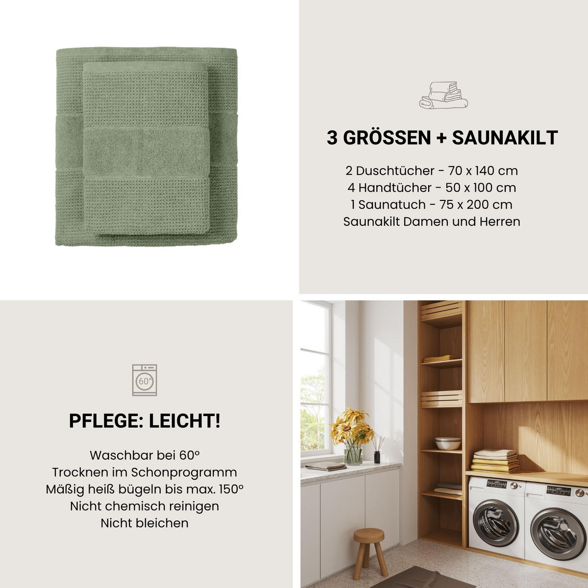 HANDTUCHSET Turin - 4-teilig - 50x100 cm - Grün - Grün, Textil (50/100cm) - SCHIESSER