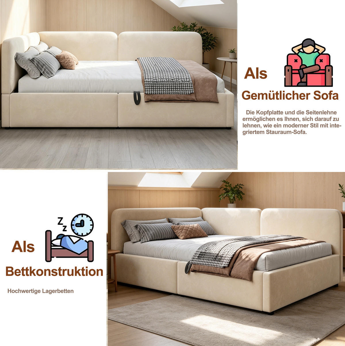 POLSTERBETT 140/200 cm aus Stoff mit hydraulischem Stauraum Beige - Beige, Textil (140/200cm) - Modenvie