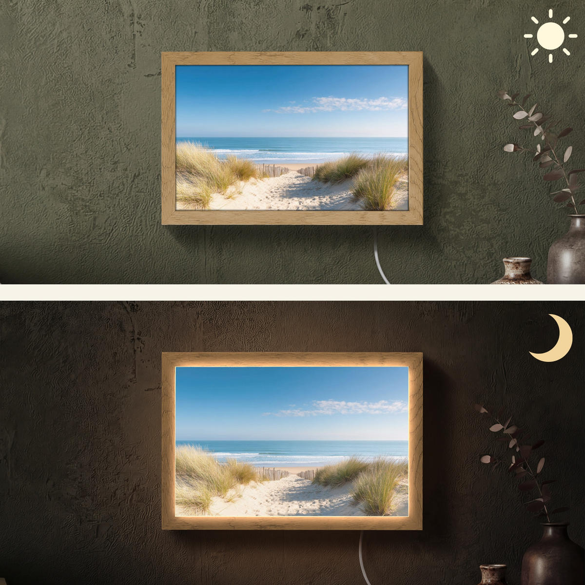 NÁSTĚNNÁ LAMPA Pláž - moře - duny - písek - léto 30x20 cm - písková barva, kompozitní dřevo (30/20/8cm) - OnlyWow