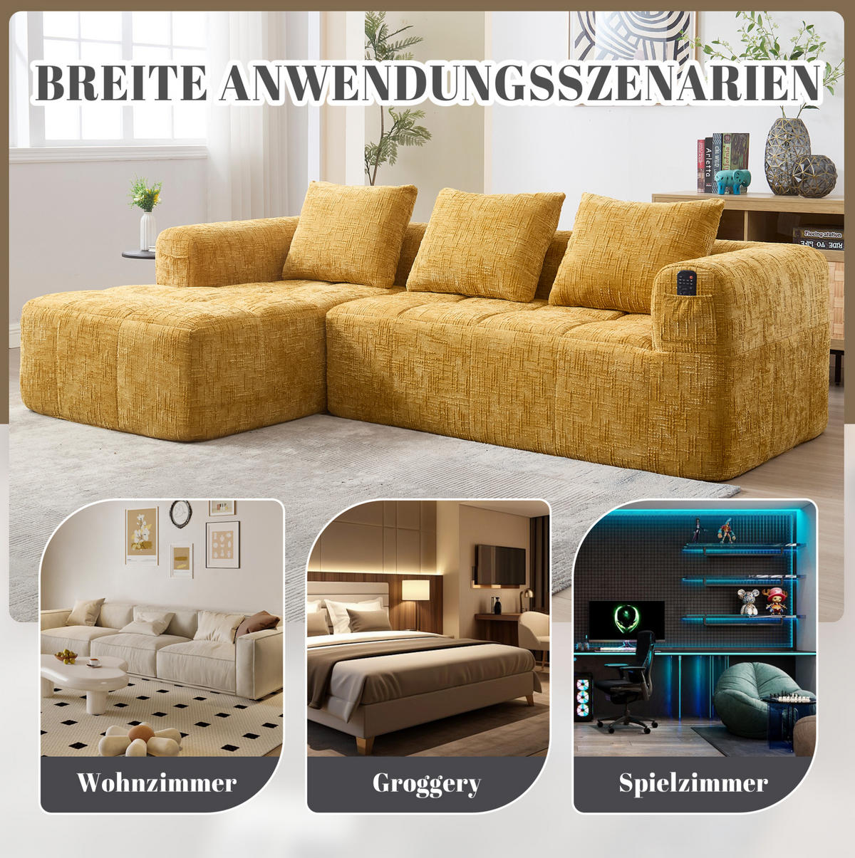 SOFA mit Chaiselongue 250 x 158 cm Chenille Gelb 3 Kissen - Gelb, Textil (250/158cm) - IVMEU