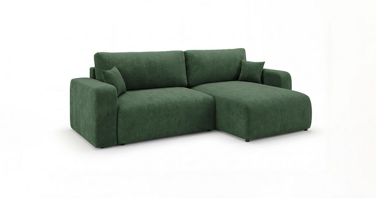 ROHOVÁ pohovka BERLIN levá zelená manšestr Poso 14 - funkce spaní, úložný prostor - zelená barva, textil (285/185cm) - Cornero