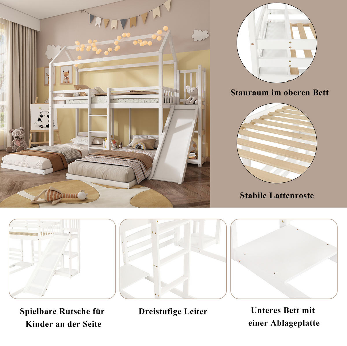 HAUSBETT 90/200 cm in Weiß mit Rutsche und Dachdesign - Weiß, Holz (90/200cm) - BEAOK