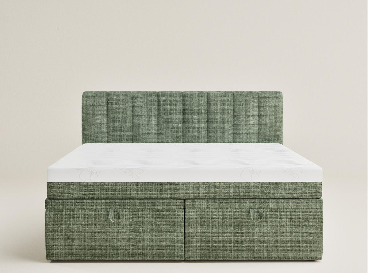 BOXBETT 180/200 cm Lovage S, in Grün, Matratze, gepolstertes Kopfteil, Bettkasten, H3 = fest - Schwarz/Grün, Holz/Holzwerkstoff (180/200cm) - Maison de Reve