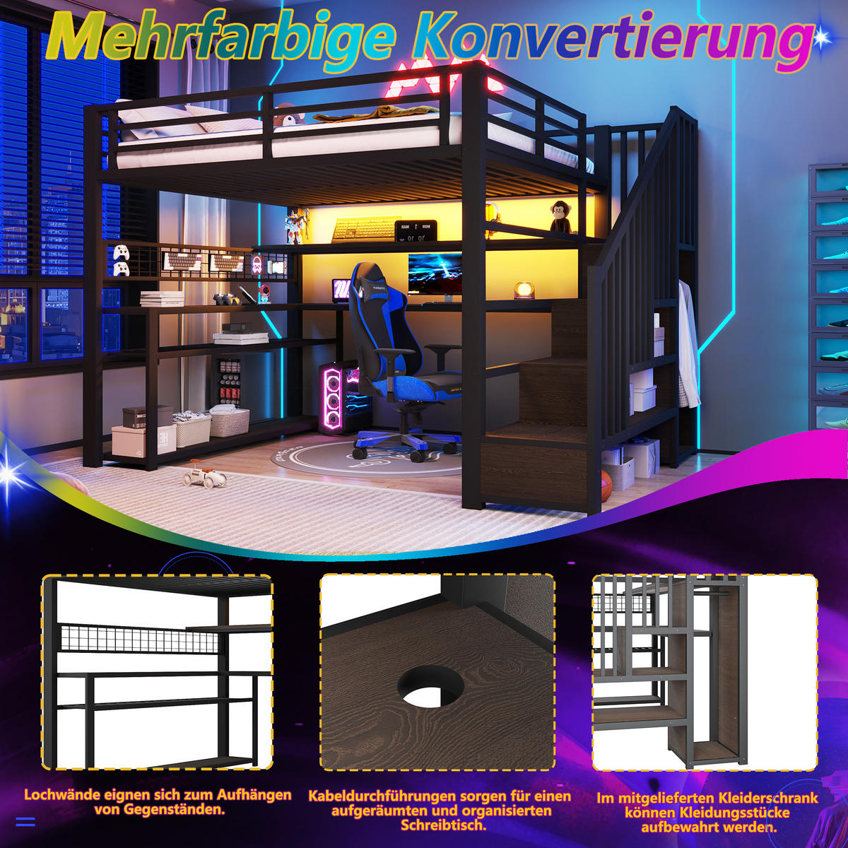 HOCHBETT 140/200 cm in Schwarz aus Metall und MDF mit LED, Kleiderschrank, Schreibtisch und Stauraum - Schwarz, Holzwerkstoff/Metall (140/200cm) - WISHDOR