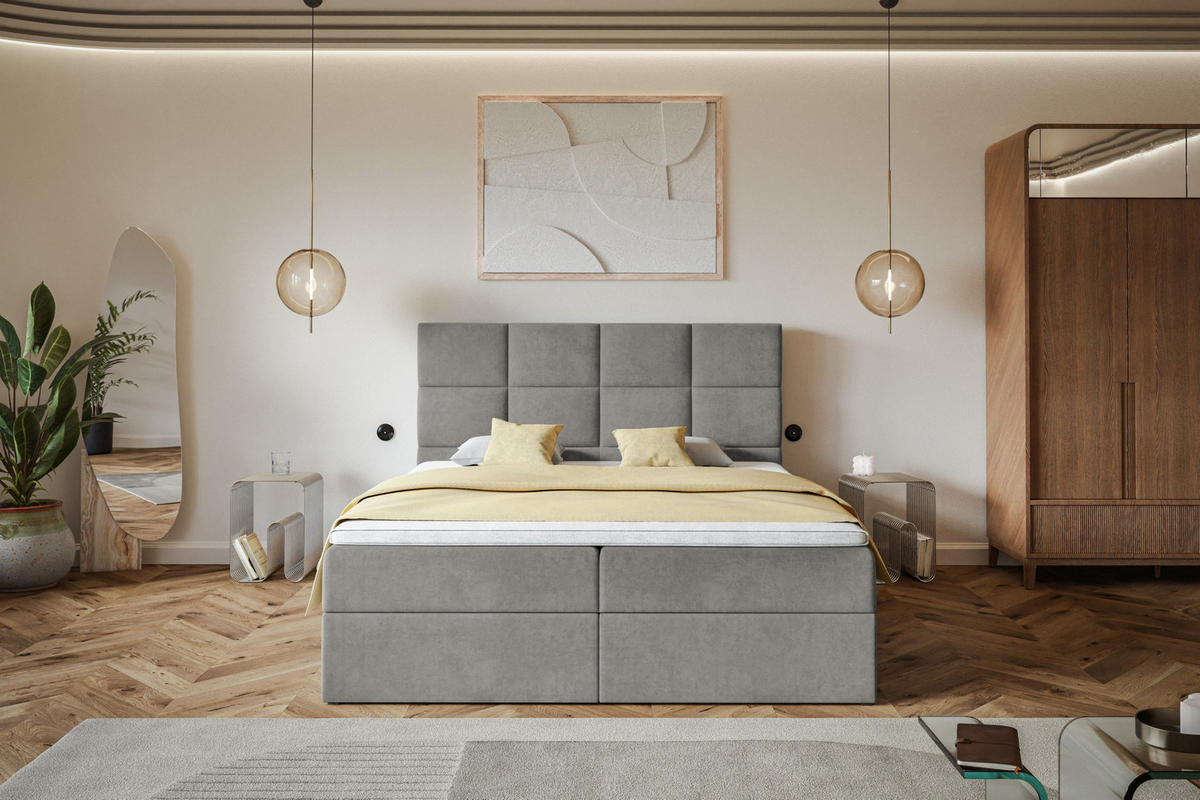 BOXBETT ROMA mit 2 Bettkästen, 180x200, Farbe: Grau, Velourstoff, Doppelbett mit Bonell-Matratze - Grau, Holz/Kunststoff (180/200cm) - Alpi-Möbel