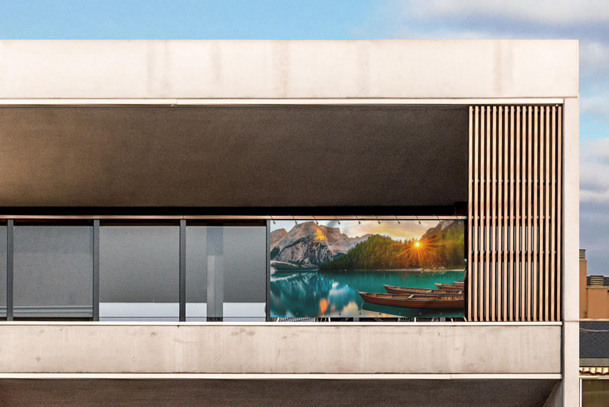 BALKON-SICHTSCHUTZ See - Berge - Sonnenuntergang - Boot - Petrol, Kunststoff (300/120cm) - MuchoWow