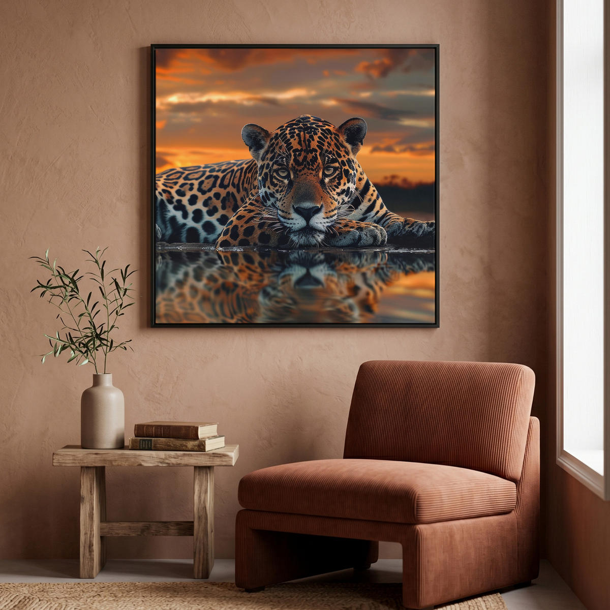 LEINWAND Bilder mit Rahmen - Natur - Leopard - Tier - Sonnenuntergang - Modern - 90x90 - Orange, Textil (90/90cm) - MuchoWow