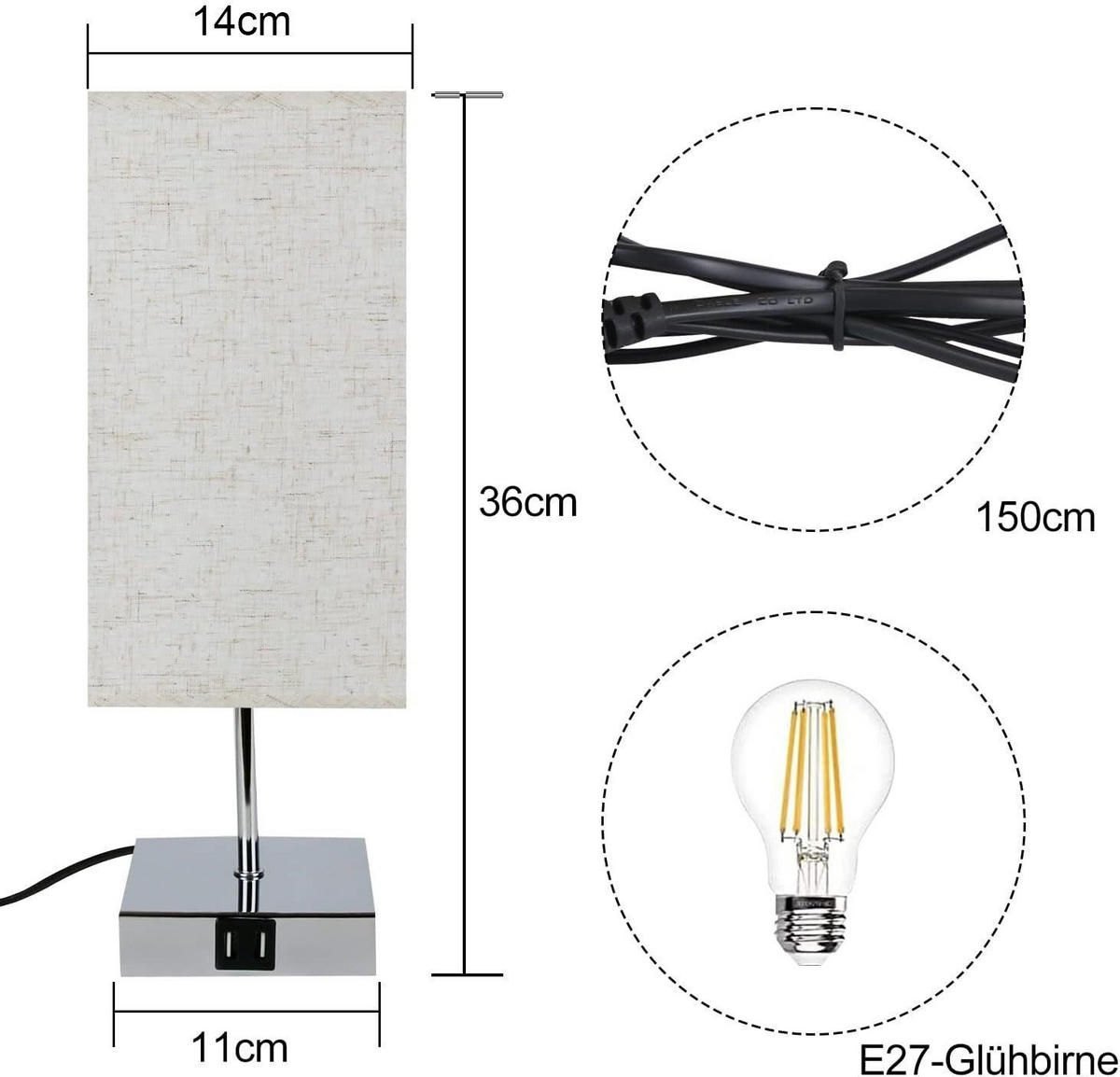 TISCHLEUCHTE Reutlingen(2er-set) 13/13/36 cm - Silberfarben, Textil (13/13/36cm) - Nettlife