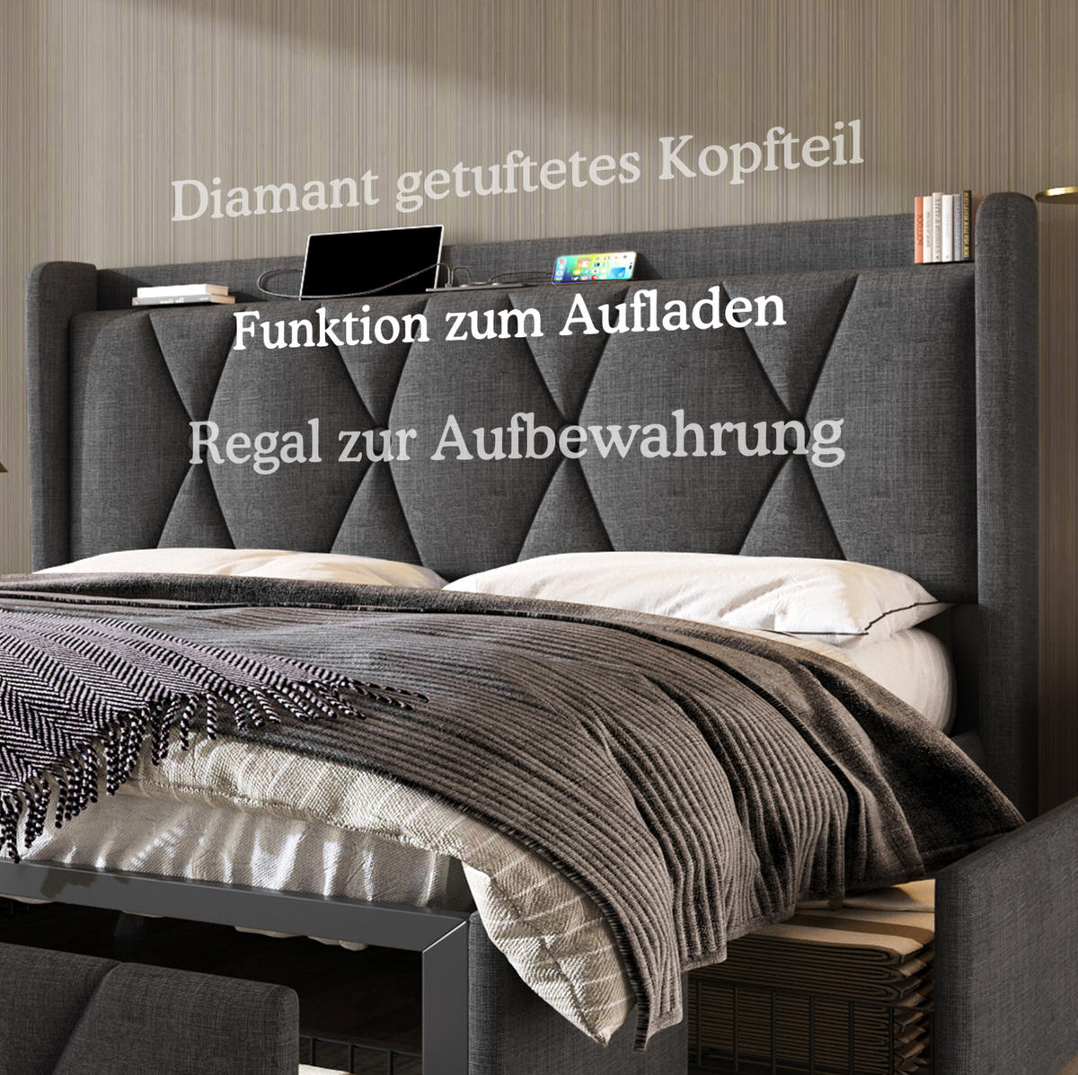 POLSTERBETT 160/200 cm grau aus Leinen mit USB, Steckdosen und 4 Schubladen - Grau, Textil (160/200cm) - OKWISH
