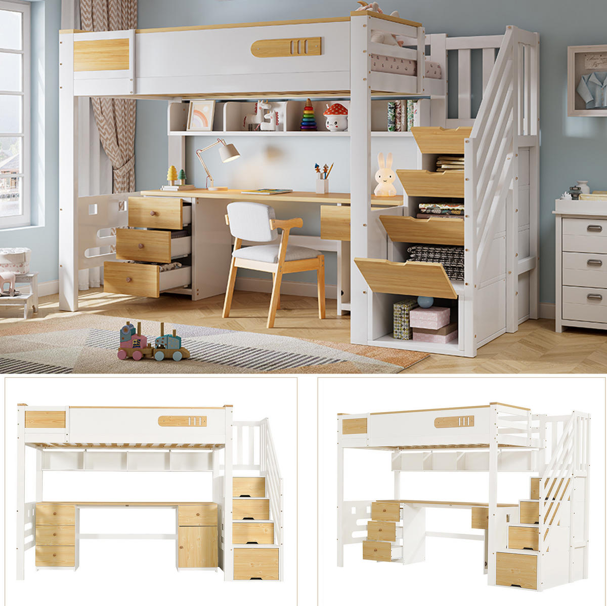 HOCHBETT Massivholz/MDF 90x200 cm Weiß/Natur mit Schreibtisch, Schubladen und Stauraumtreppe - Weiß, Holz (90/200cm) - Modfu