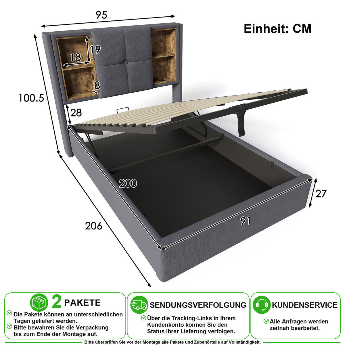 POLSTERBETT 90/200 cm in Grau mit Bettkasten, USB und Type-C - Grau, Holzwerkstoff/Textil (90/200cm) - CHICFURN