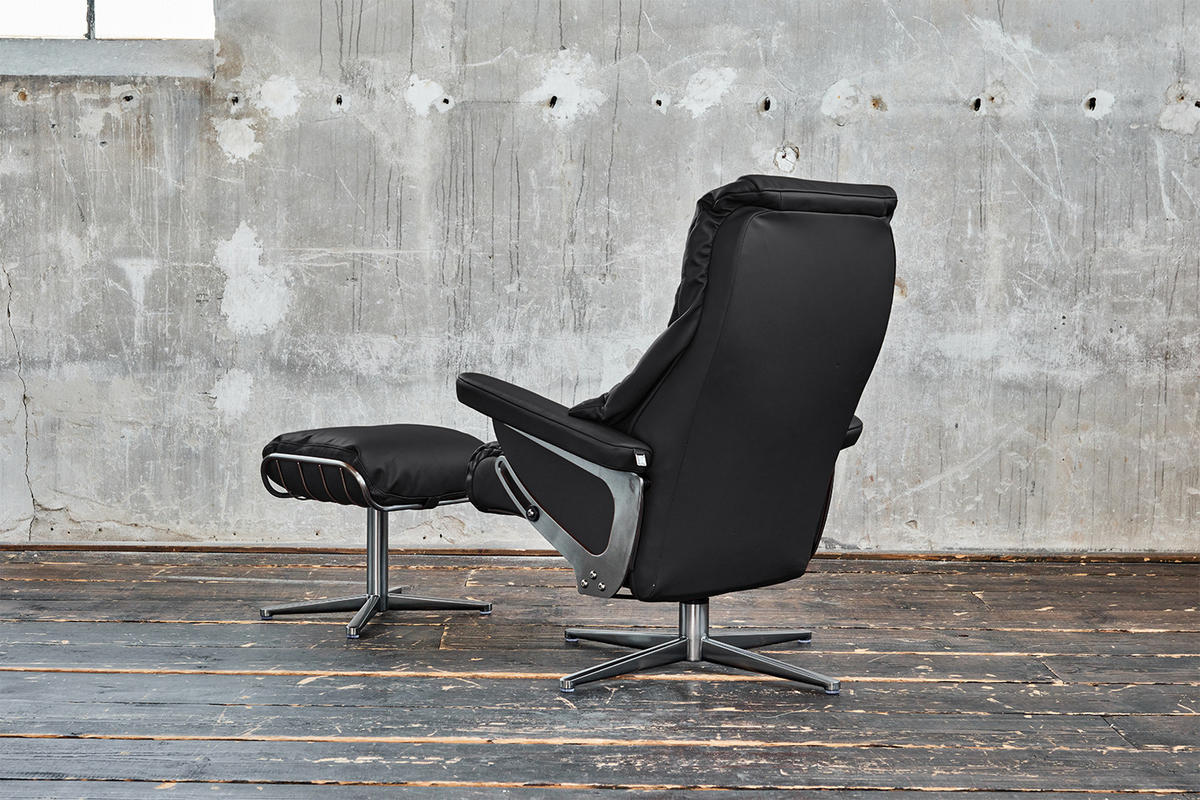 RELAXSESSEL MIT HOCKER MODO Schwarz Leder - Silberfarben/Schwarz, Leder/Metall (81/98/90cm) - KAWOLA