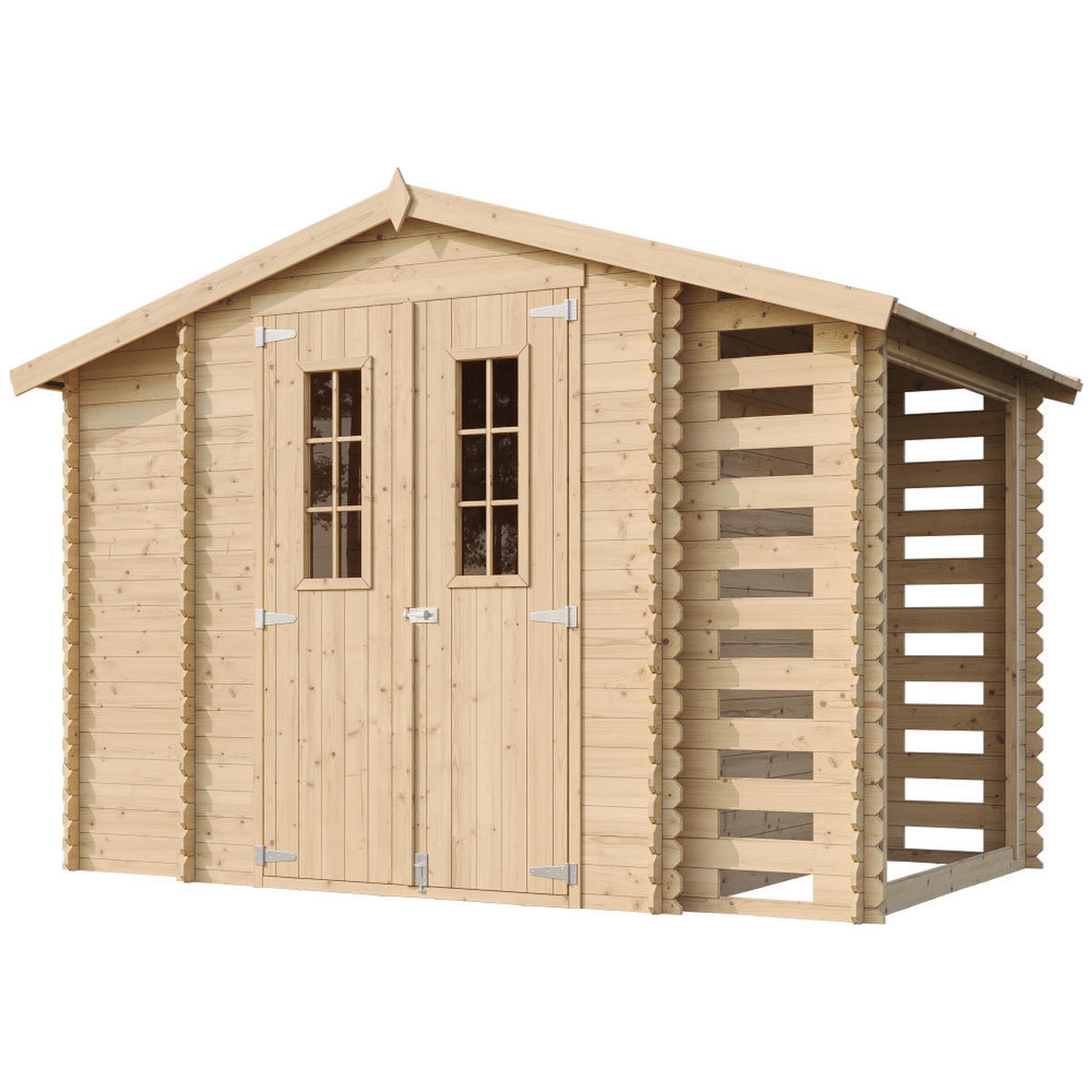 GARTENHAUS aus Holz mit Brennholzschuppen - B328xL206xH218 cm/ 3,53 + 0,97 + 0,97 m2 - M389C - Beige, Holz (312/218/206cm) - Timbela