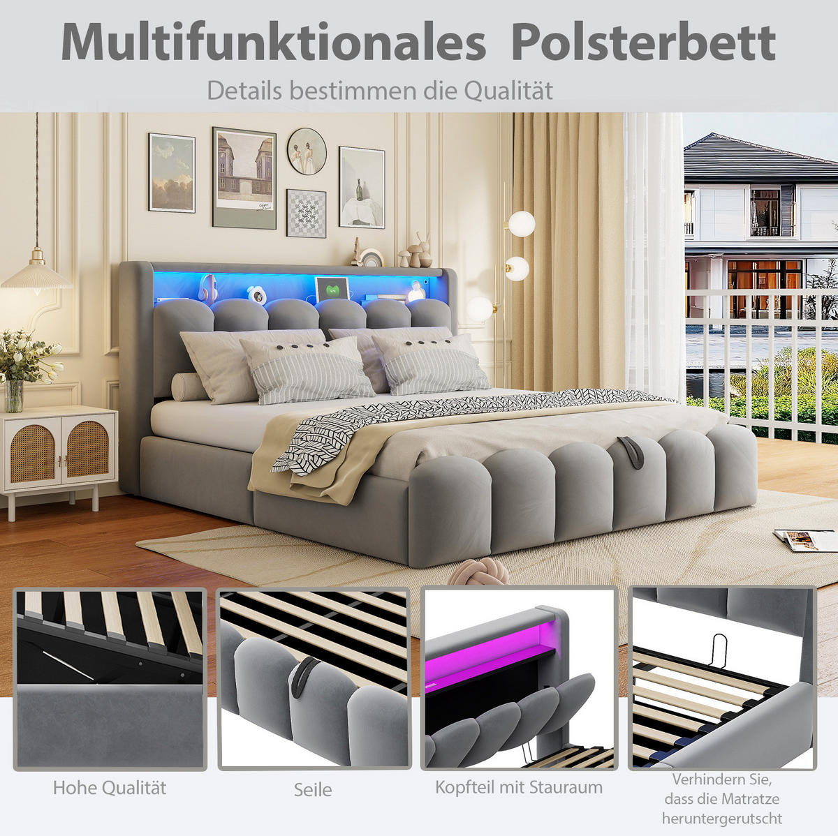 POLSTERBETT 180/200 cm aus Samt mit USB, LED und Stauraum, Grau - Grau, Textil (180/200cm) - OKMYHOME