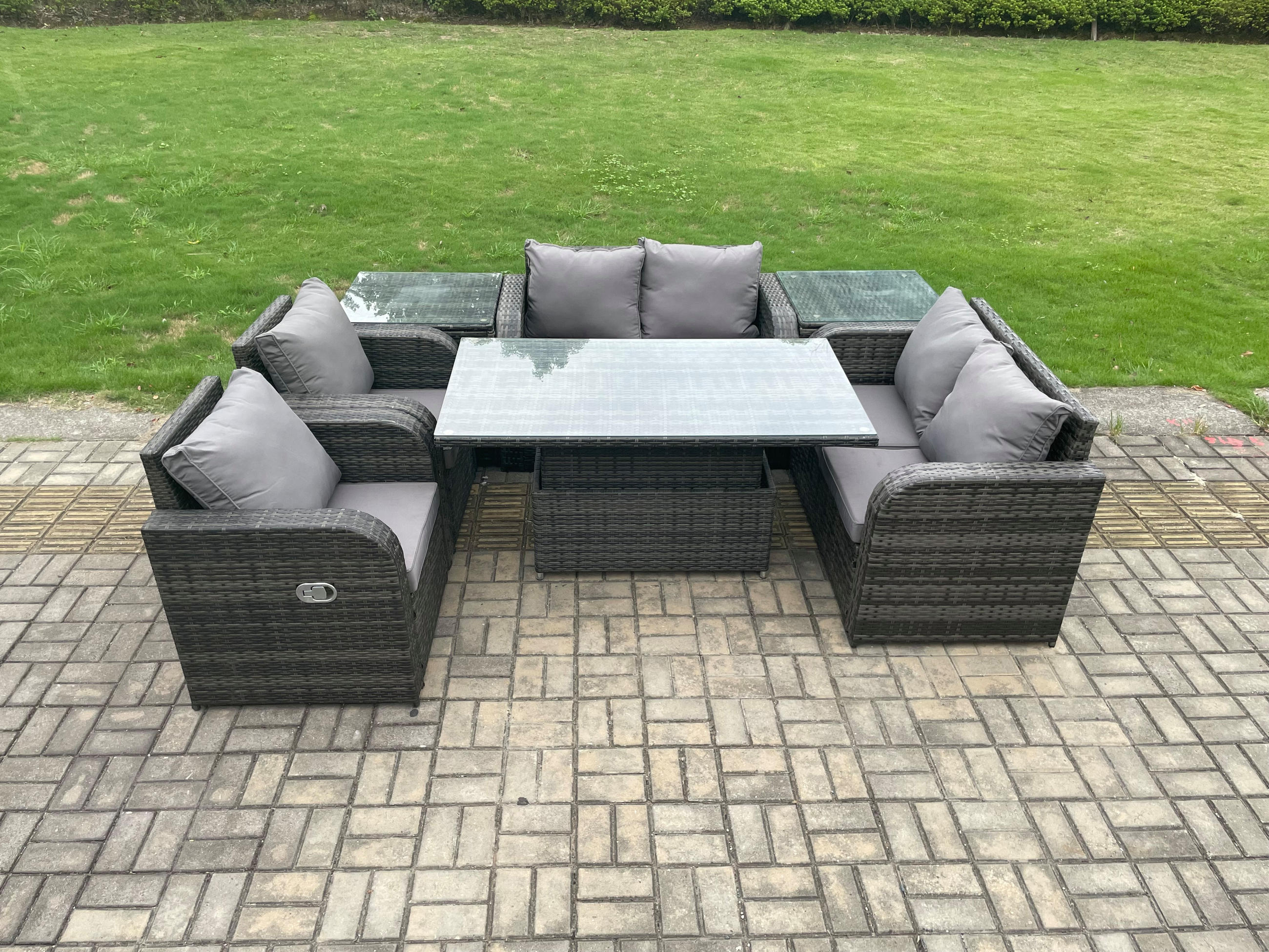 GARTENSOFA Hohe Rückenlehne Polyrattan 6-Sitzer - Dunkelgrau/Grau, Glas/Kunststoff - Fimous