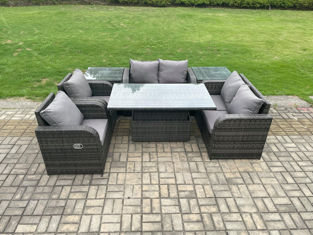 GARTENSOFA Hohe Rückenlehne Polyrattan 6-Sitzer - Dunkelgrau/Grau, Glas/Kunststoff - Fimous