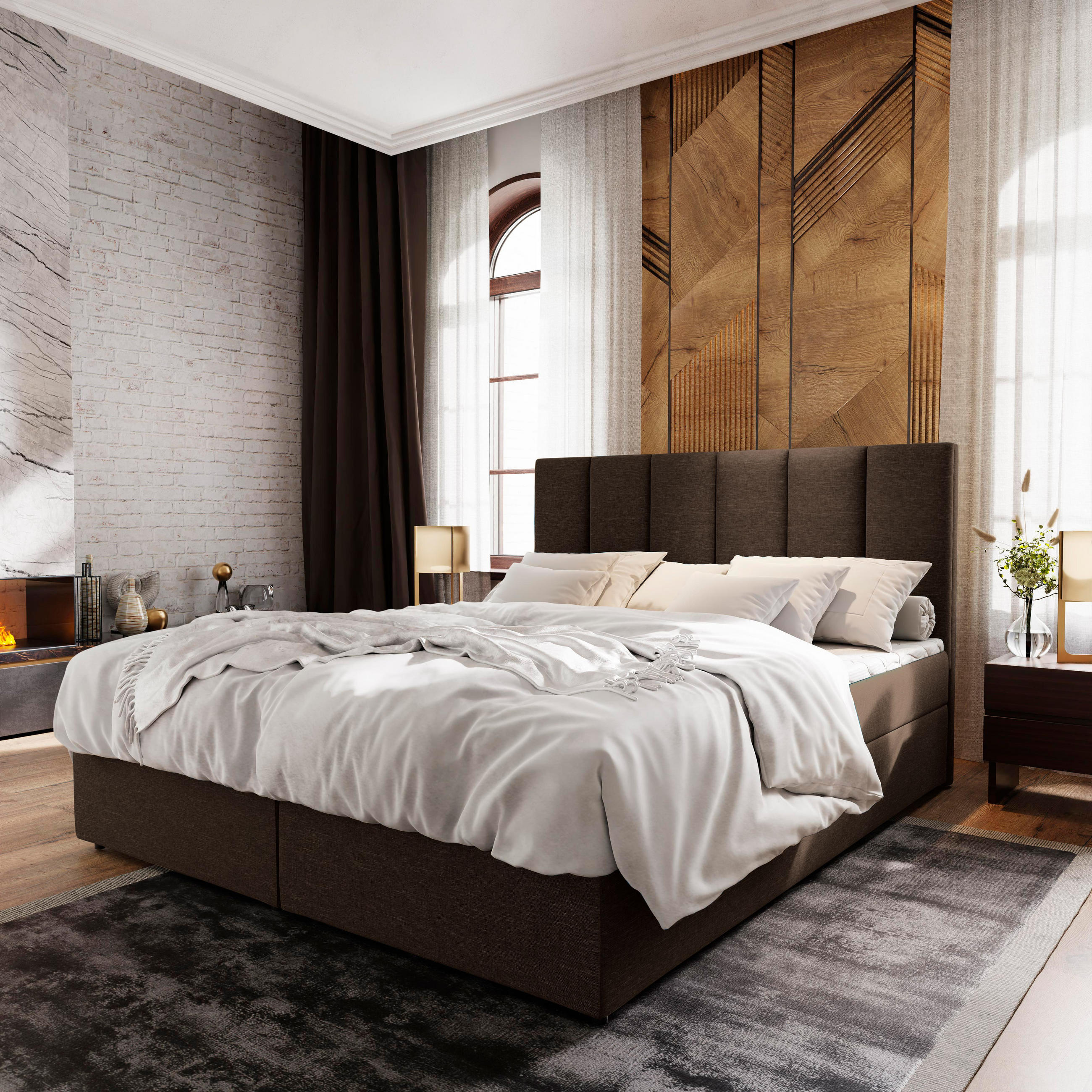 BOXBETT MERIL 180x200 cm mit Matratze und Topper - Braun - Braun, Holz (180/200cm) - MASSENO