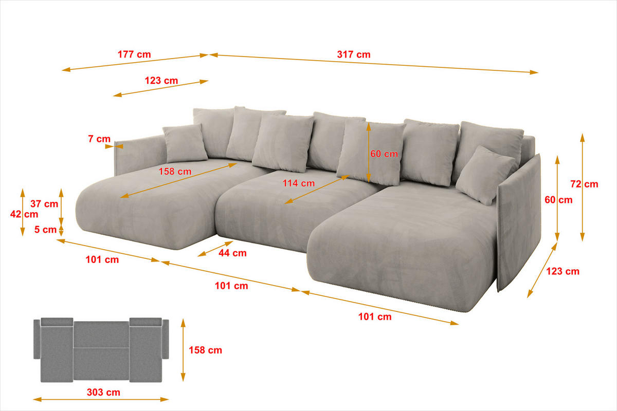 WOHNLANDSCHAFT mit Schlaffunktion und Bettkasten ONESK-U 317x177x72 Hellbraun Velours - Hellbraun, Holzwerkstoff/Kunststoff (317/72/177cm) - ALTDECOR