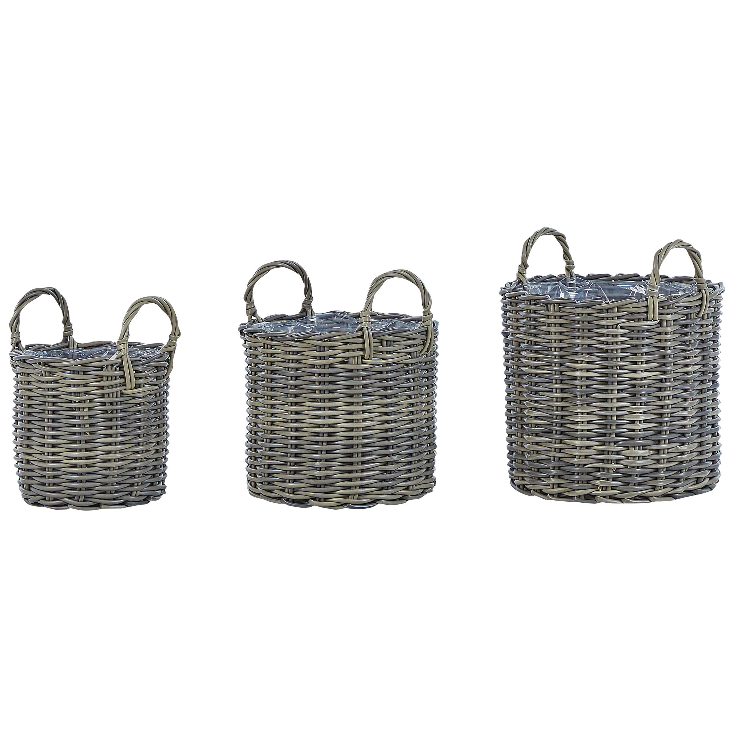 Beliani KVĚTINOVÝ KOŠÍK sada 3 ks Ratan taupe kulatý 40-37/35-31/29-24 cm Nikiti