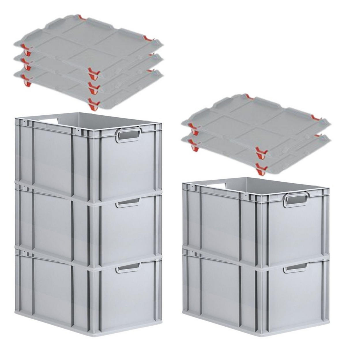 EUROBOX 5x Nextgen Economy Mit Auflagedeckel Grau/Rot Griffe Offen 65 Liter - Rot, Kunststoff (40/32/60cm) - PROREGAL