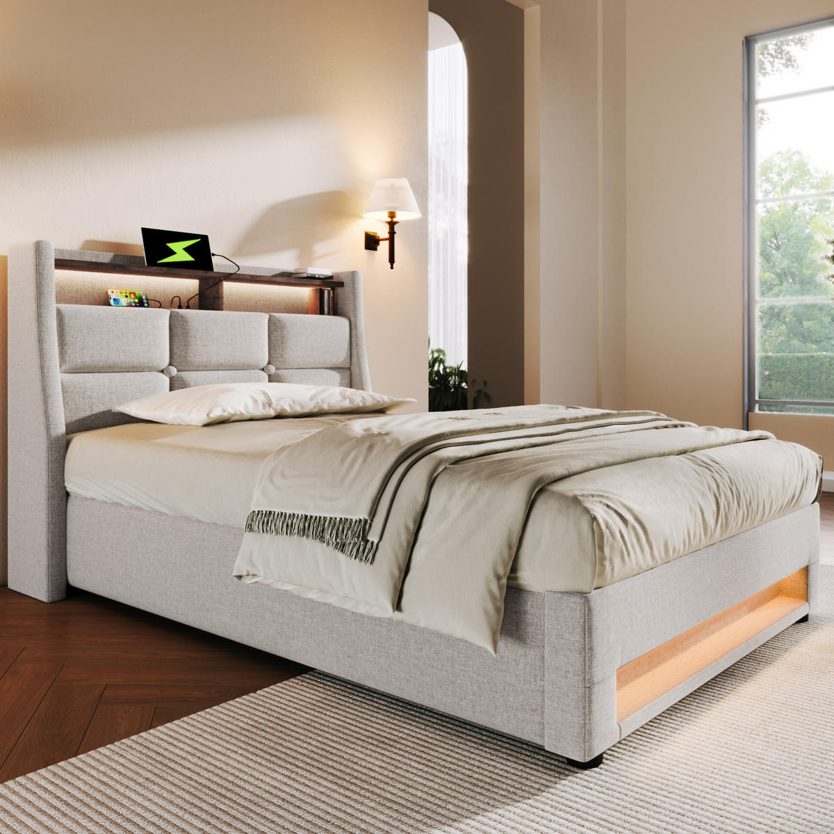 POLSTERBETT mit Stauraum, USB und LED 90x200 cm Beige - Beige, Metall (90/200cm) - Meubliv